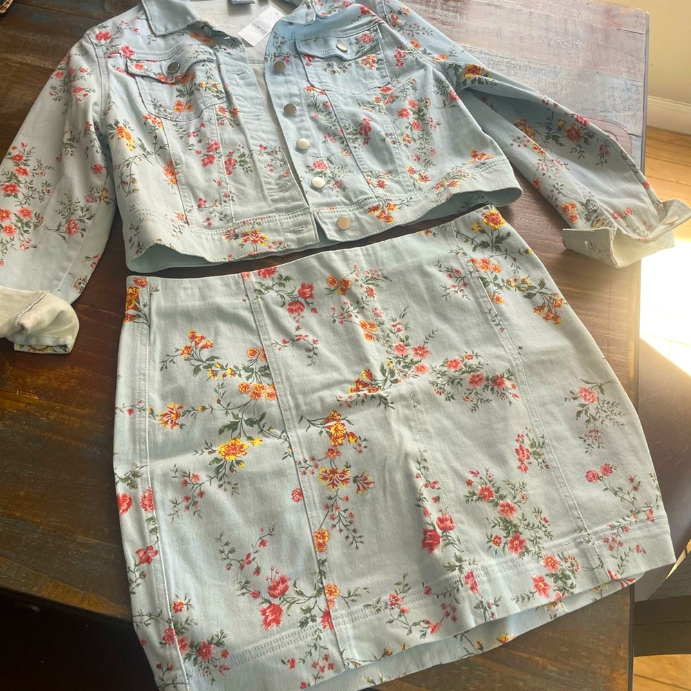 New York and Company, Jean jacket, matching skirt set.